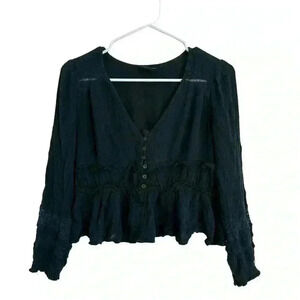 American Eagle Peasant Boho Green Blouse Long Sleeve Lace Light Women Small S